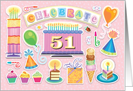 51st Birthday Bright Cake Cupcakes Party Hats Balloons card