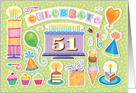 51st Birthday Bright Cake Cupcakes Party Hats Balloons card