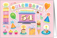 54th Birthday Bright Cake Cupcakes Party Hats Balloons card