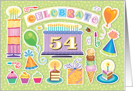 54th Birthday Bright Cake Cupcakes Party Hats Balloons card