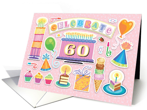 60th Birthday Bright Cake Cupcakes Party Hats Balloons card (1759560)