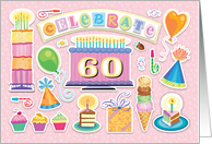 60th Birthday Bright Cake Cupcakes Party Hats Balloons card