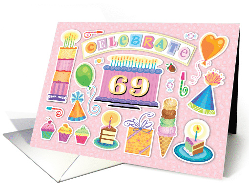 69th Birthday Bright Cake Cupcakes Party Hats Balloons card (1761558)