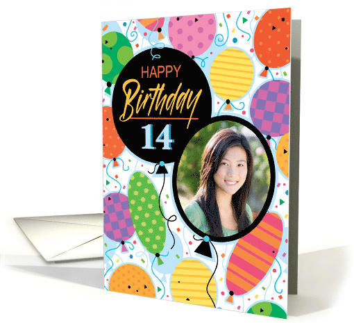 14th Birthday Custom Photo Bright Balloons and Confetti card (1761688)