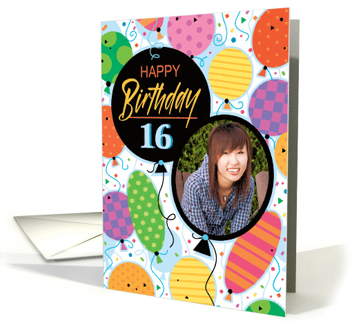 16th Birthday Custom Photo Bright Balloons and Confetti card (1761692)