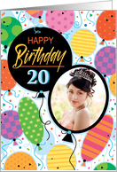 20th Birthday Custom Photo Bright Balloons and Confetti card