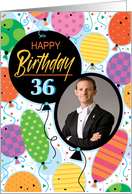 36th Birthday Custom Photo Bright Balloons and Confetti card