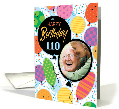 110th Birthday Custom Photo Bright Balloons and Confetti card