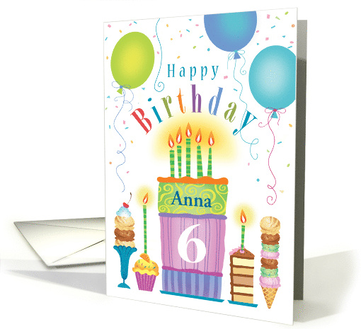 Custom Name A 6th Birthday Tall Cake Desserts Balloons card (1767042)