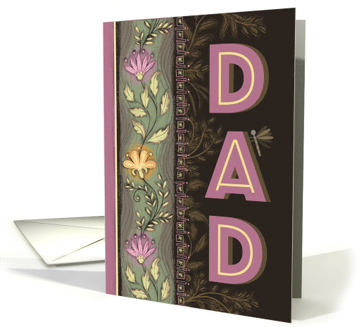 Dad Happy Father's Day Brown Mauve Floral Border Dragon Fly card