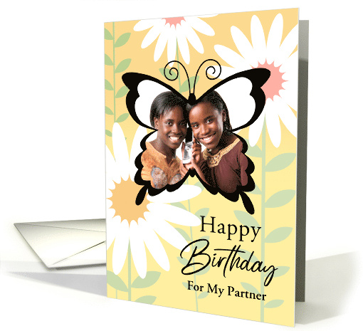 To My Partner Custom Photo Happy Birthday Butterfly With Daisies card