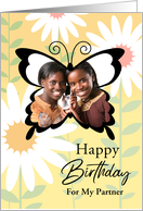 To My Partner Custom Photo Happy Birthday Butterfly With Daisies card