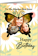 To My Sister Custom Photo Happy Birthday Butterfly With Daisies card