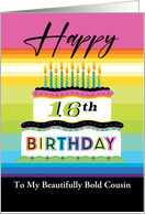 16th birthday Cousin Typography Cake And Rainbow Stripes card