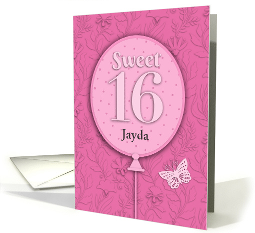 Custom Name16th Birthday Pink Balloon Flowers Butterfly card (1798942)