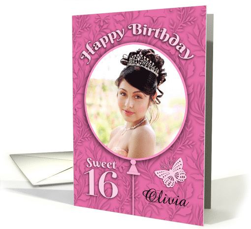 Custom Name O Photo 16th Birthday Pink Balloon Flowers Butterfly card