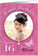 Custom Name O Photo 16th Birthday Pink Balloon Flowers Butterfly card