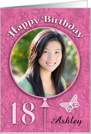 Custom Name Photo 18th Birthday Pink Balloon Flowers Butterfly card