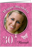 Custom Name Photo 30th Birthday Pink Yellow flowers Cake card