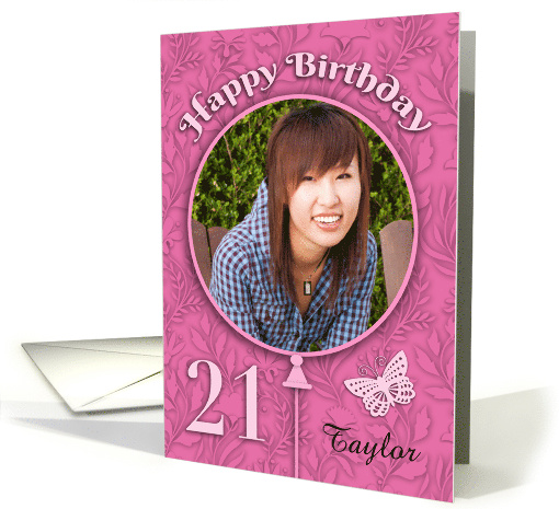 Custom Name Photo 21st Birthday Pink Yellow flowers Cake card