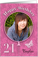 Custom Name Photo 21st Birthday Pink Yellow flowers Cake card