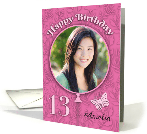 Custom Name Photo 13th Birthday Pink Yellow flowers Cake card