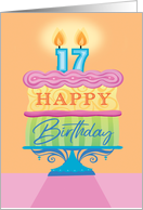 17th Birthday Cake Peach Pink Green Blue Candles card