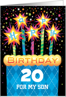 Son 20th Birthday Blue Argyle Sparkling Cake Candles card