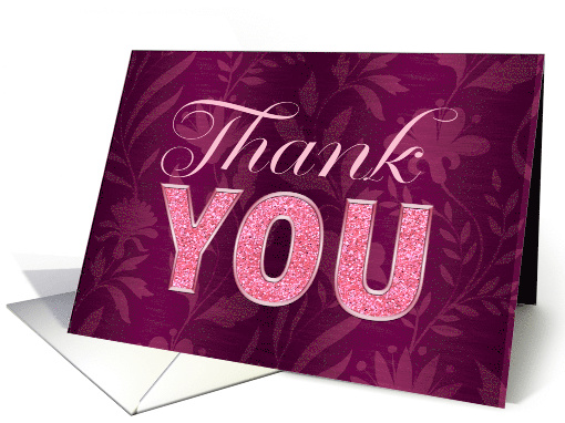 Pink Thank You Simulated Glitter Typography on Floral Background card