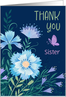 Thank You Sister Navy Blue Purple Wildflowers with Pink Butterfly card