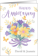 Custom Names Wedding Anniversary Floral Bouquet Purple Yellow card