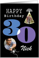 Nick Custom Name 30th Birthday Balloon And Party Hat 2 Photo card