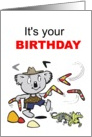 Cute cartoon koala bear throwing boomerangs with lizard. card
