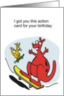 Cartoon of large red kangaroo having fun on skateboard ramp card