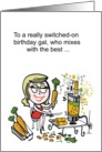 Cartoon of smiling woman using kitchen appliance to make carrot juice card
