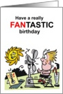 Cartoon of boy on exercise bicycle which powers a large fan on hot day card
