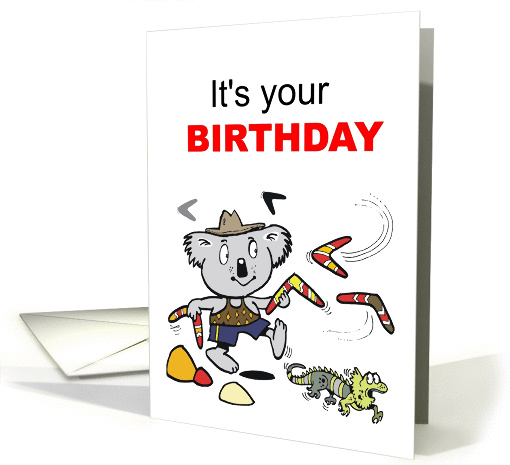 Cute cartoon koala bear throwing boomerangs with lizard. card