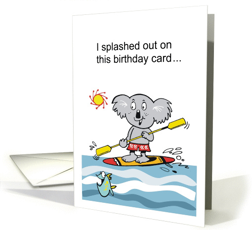 Cartoon showing koala bear using paddle board with happy fish. card