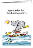 Cartoon showing koala bear using paddle board with happy fish. card