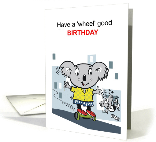 Cute koala bear cartoon showing bears balancing on hover boards. card