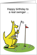 Cartoon kangaroo playing golf, with clubs in pouch. card
