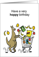 Cartoon kangaroo hopping along with groceries bouncing in trolley. card