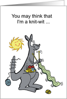 Cartoon kangaroo busy knitting a scarf with balls of wool in pouch. card