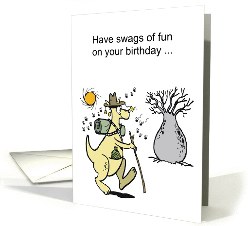 Cartoon kangaroo carrying swag whilst hiking in... (1419170)
