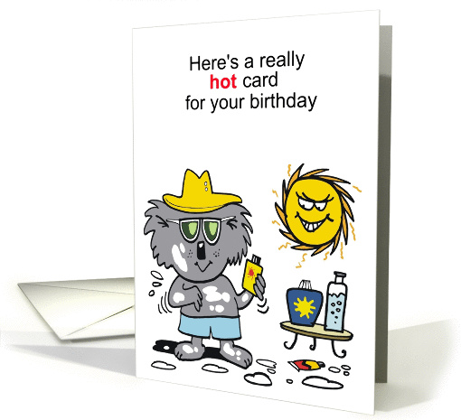 A cartoon koala bear using sunscreen on very hot day. card (1419552)