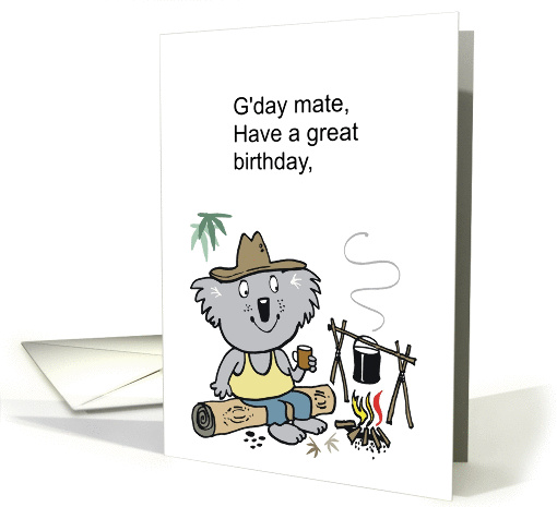 Happy koala bear relaxing with a mug of Australian billy tea card