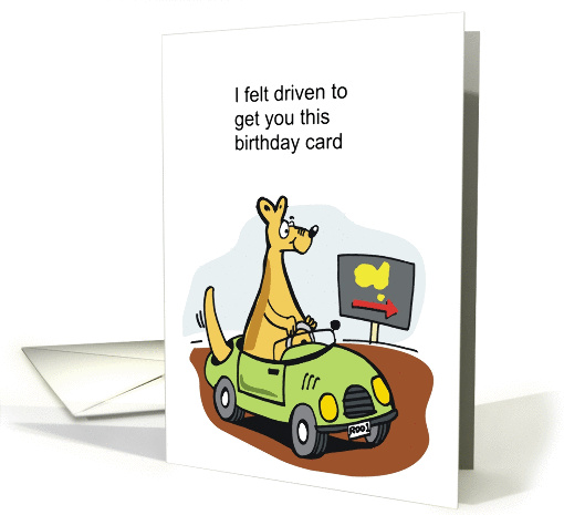 A funny cartoon kangaroo driving a car in Australian outback. card