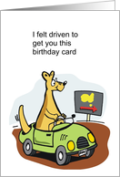 A funny cartoon kangaroo driving a car in Australian outback. card