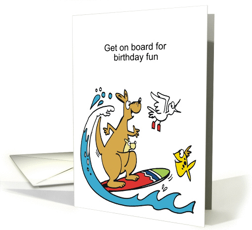 Cartoon of smiling kangaroo and joey surfing on large wave. card