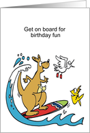 Cartoon of smiling kangaroo and joey surfing on large wave. card